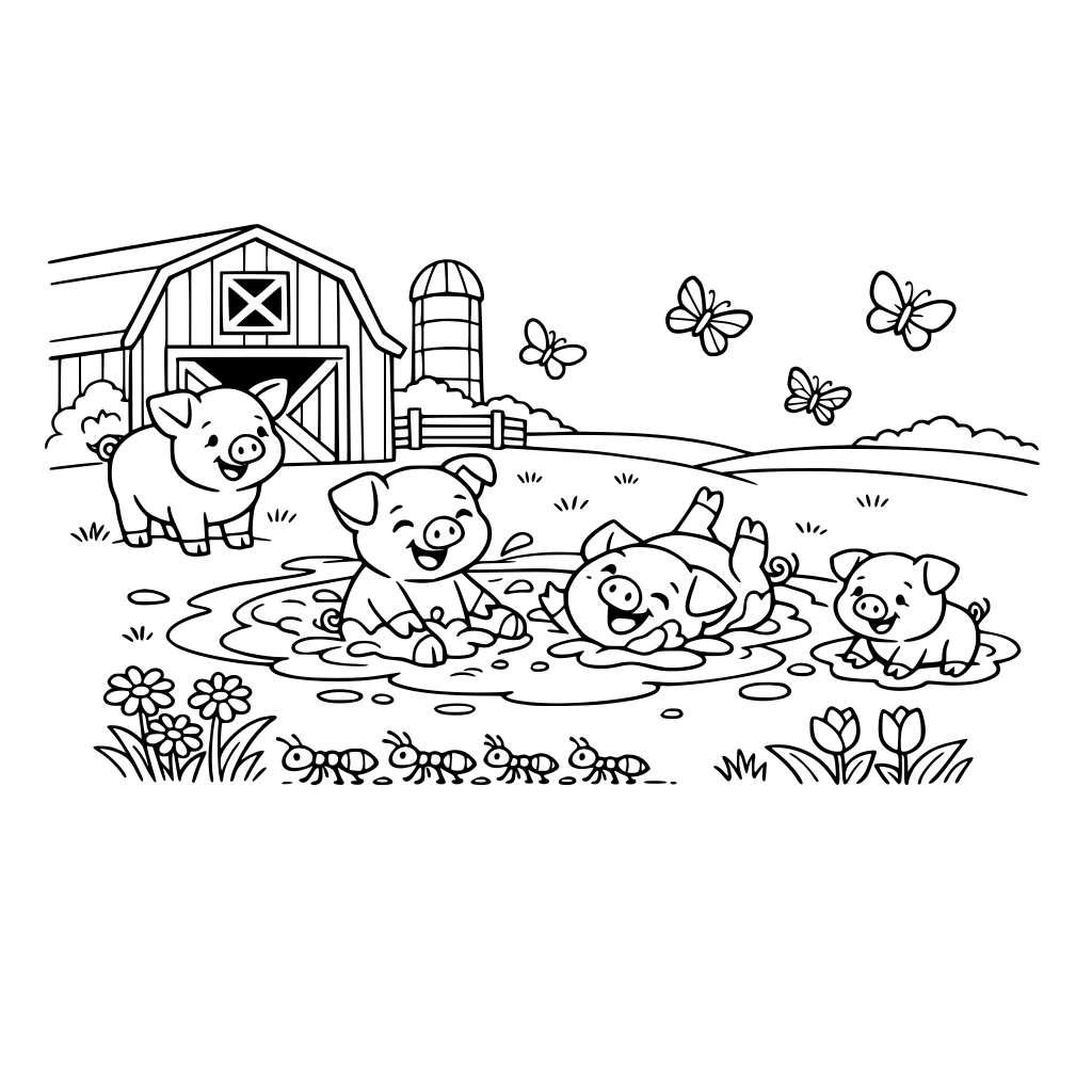 pigs hanging out on the farm outside the barn and playing in a mud spot on the pasture. Butterflies in the air along with flowers and a an ant family marching near by