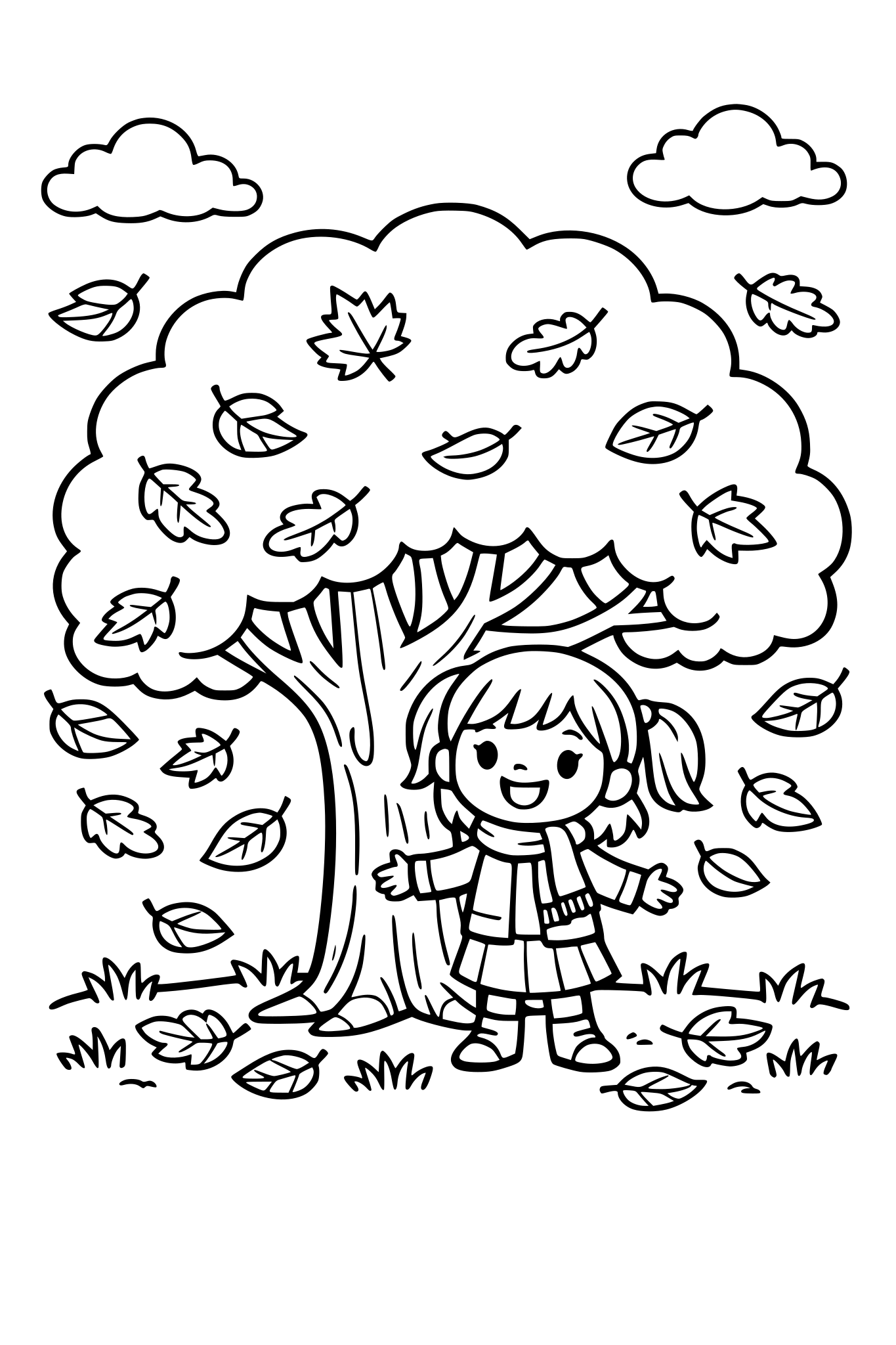cute kids coloring page, happy girl standing under a big autumn tree with falling leaves, leaves floating in the air, small grass and clouds around, simple shapes, thick outlines, black and white coloring book page