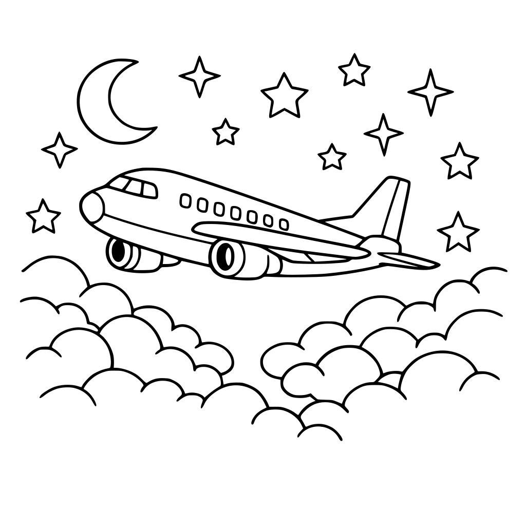 airplane flying through fluffy clouds and stars.