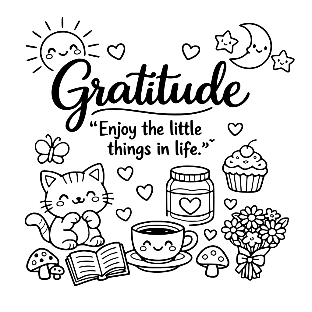 A sheet on gratitude that is cute and for adults. kawaii, maybe a quote, gratitude word on it.