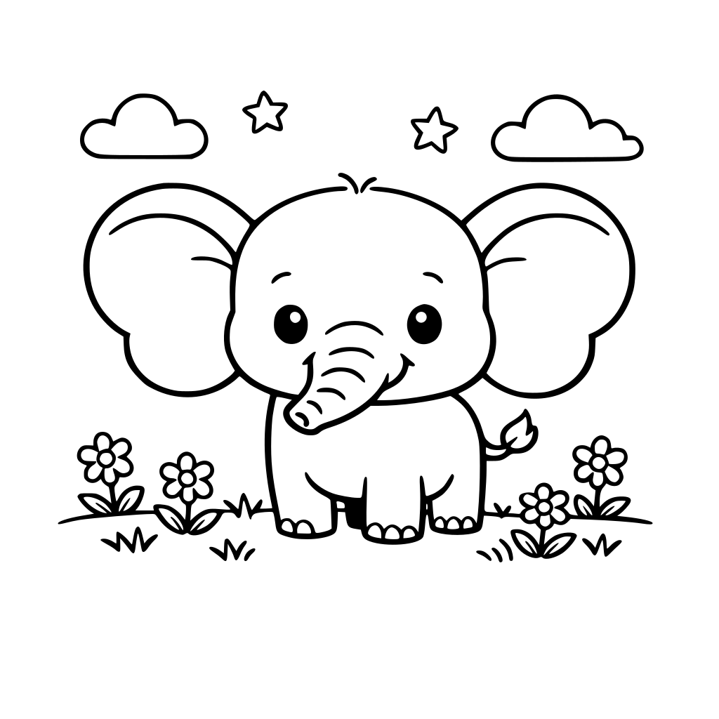 klare Motive, schwarze Linien, kein Text, weißer hintergrund : Ein freundlicher Elefant mit großen Ohren steht auf einer Wiese, kleine Blumen um ihn herum, einfache Formen, kindlich