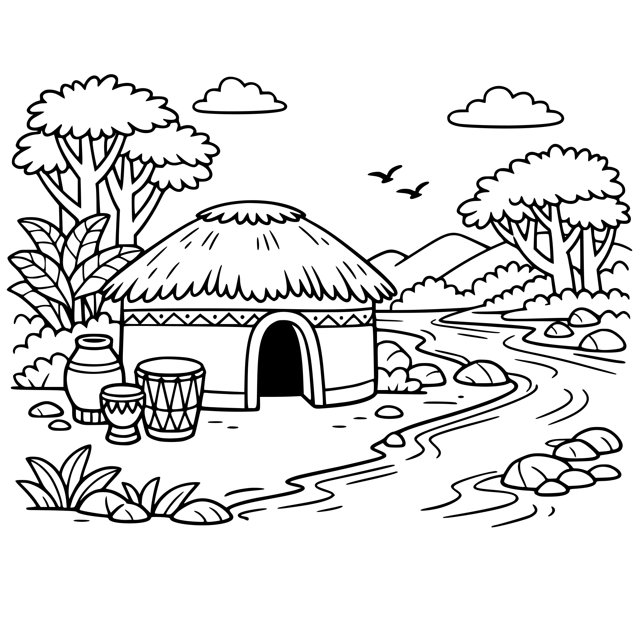 cute cozy simple Jharkhand Tribal forest scene with mud hut, drum, forest trees, and river.