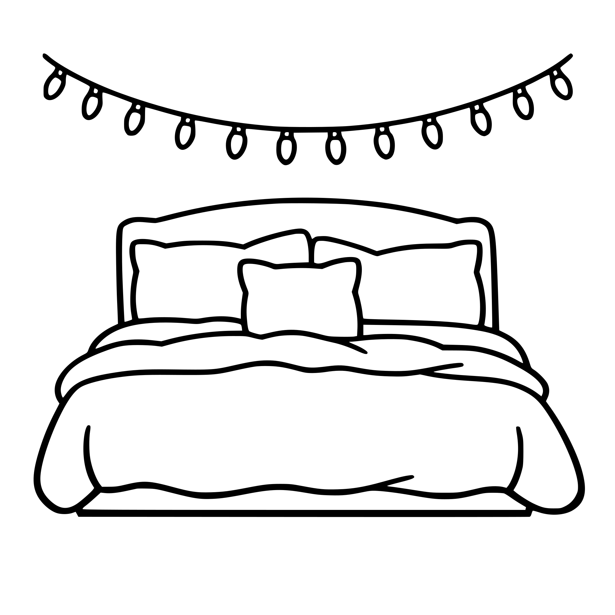 Simple black and white line art of a cozy bed with fairy lights, minimal detail, thick clean outlines, large simple shapes, no shading, no small details, coloring book style, white background, bold lines, easy for adults with ADHD, calming and cozy scene
