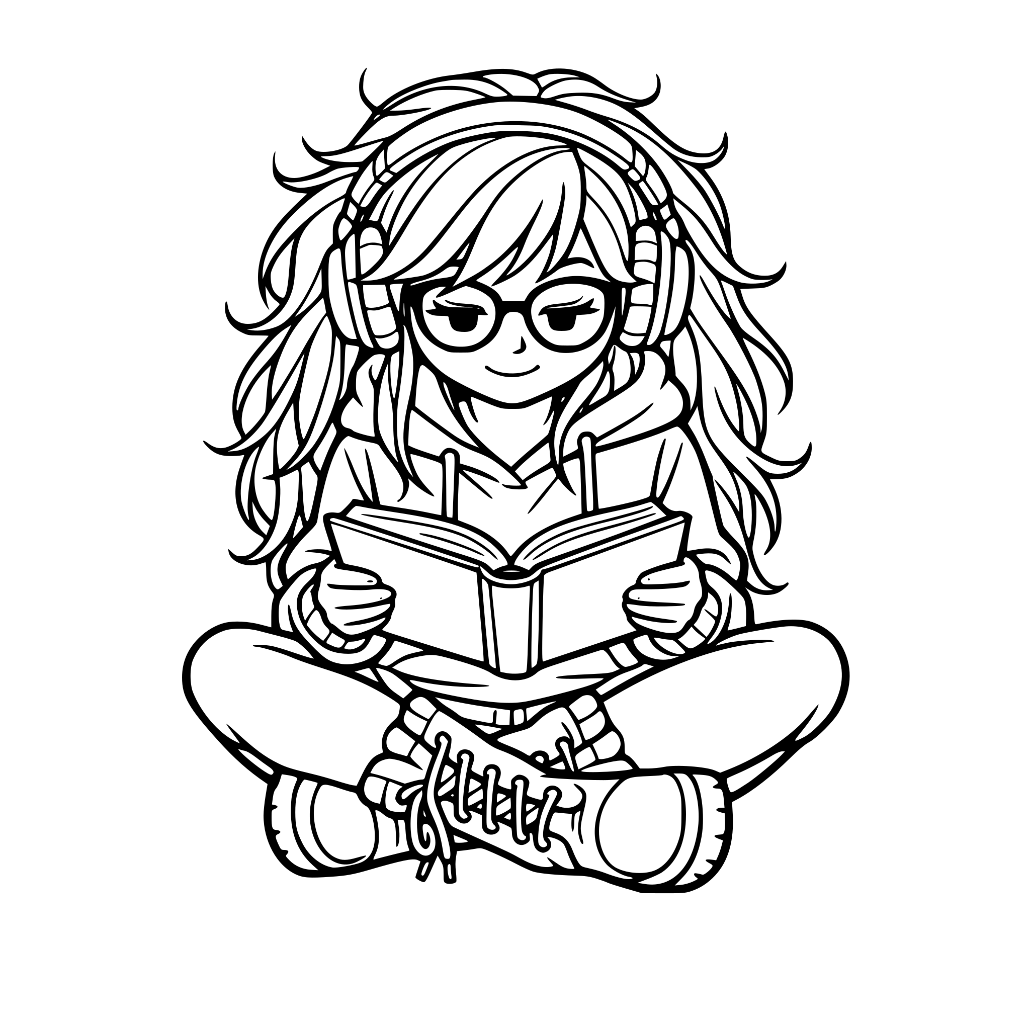girl with glasses reading long hair unruly wearing boots and hoodie and listening to headphones