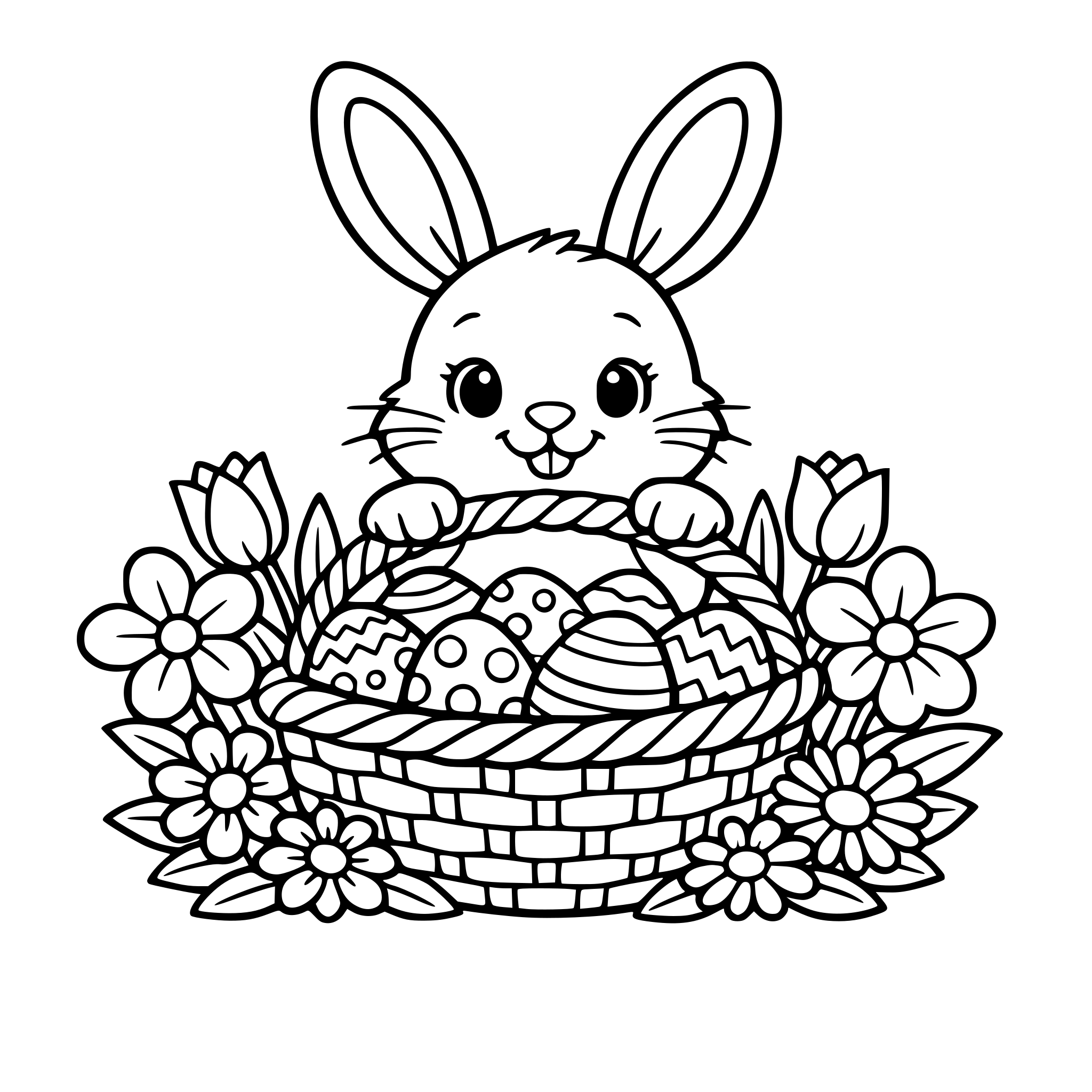 Easter bunny with easter eggs in a basket and flowers