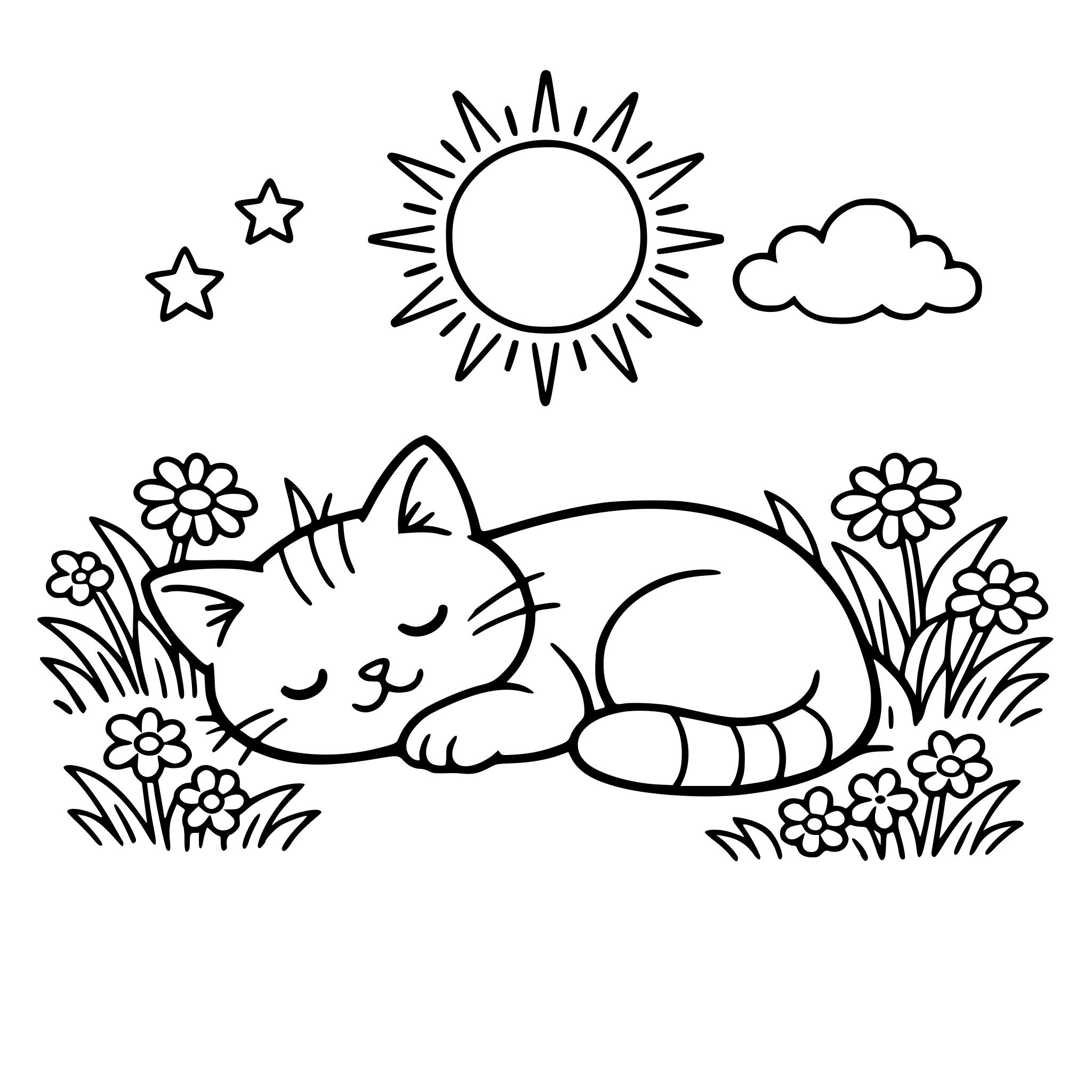 Eine liegende Katze, die in der Sonne liegt und schläft. Außenherum Gras und Blumen