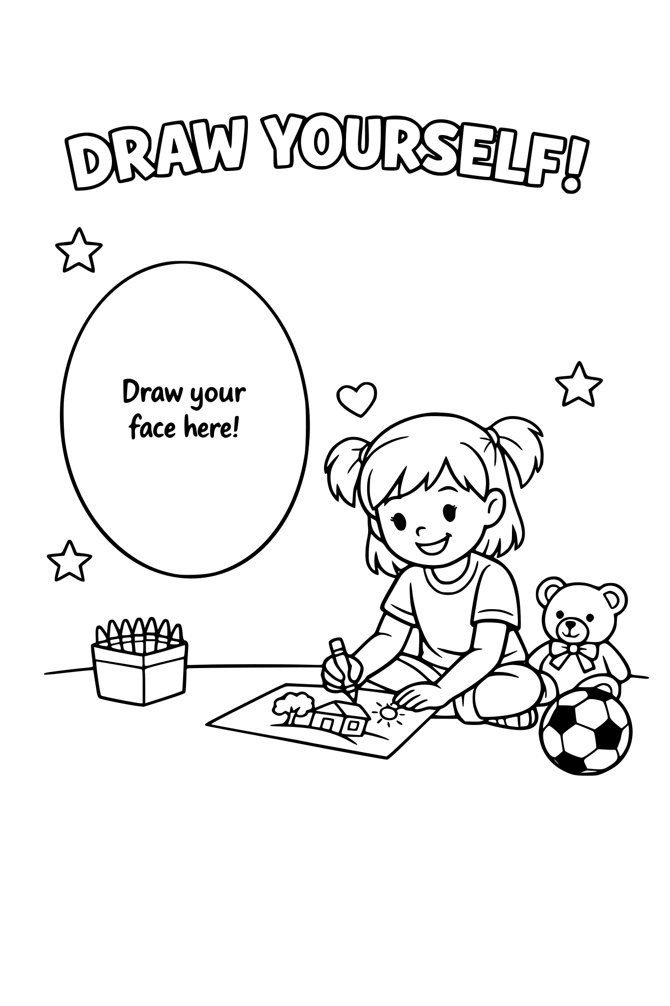 a draw yourself activity page with a picture of a young girl doing an activity