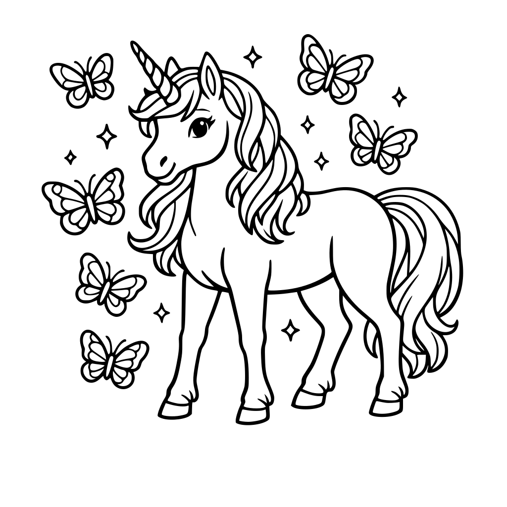 por favor crea un unicornio rodeado de mariposas