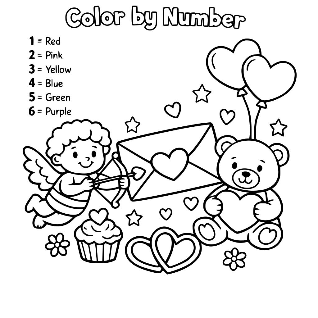 Colour by number Valentine's Day colouring sheet