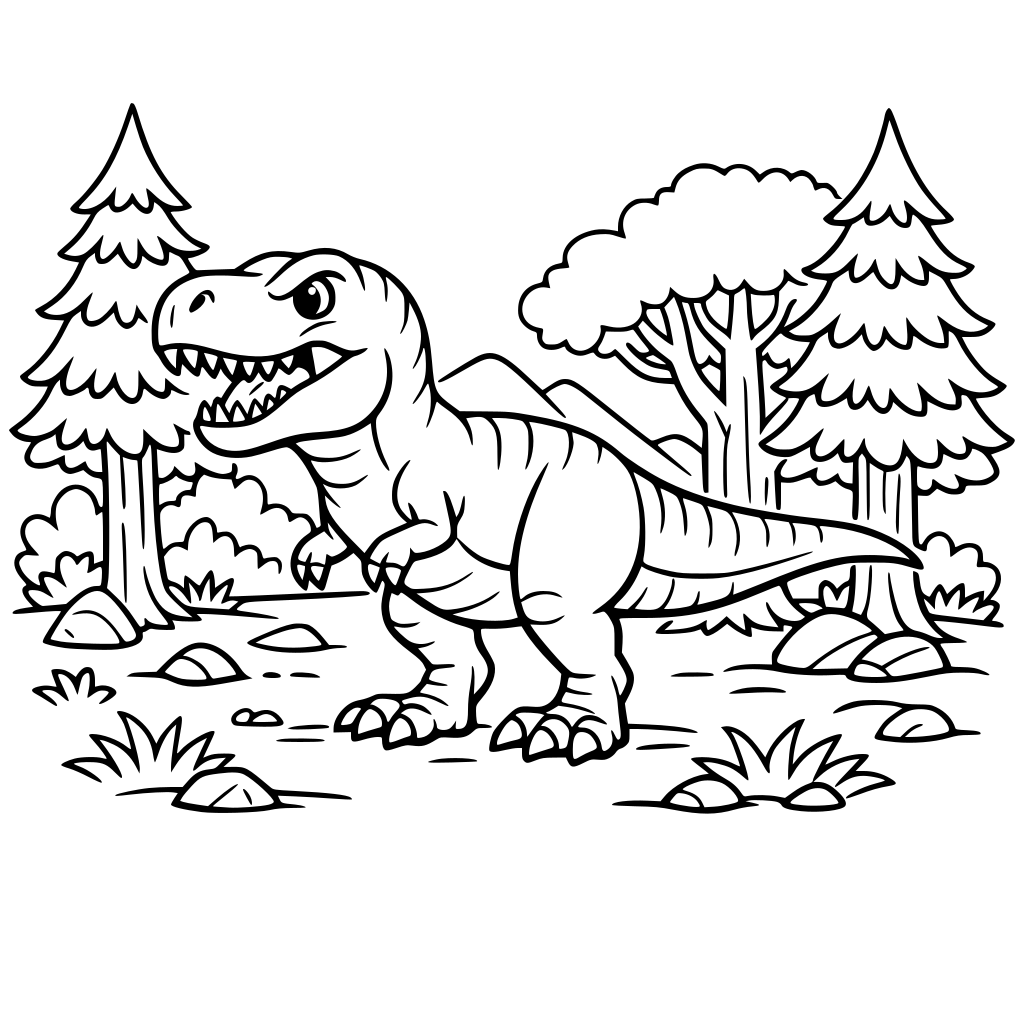 t-rex in the forest and trees