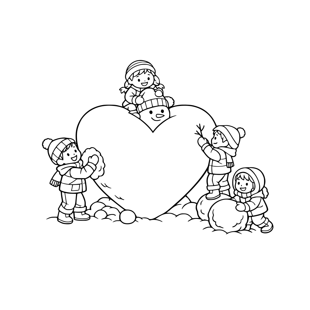 A group of kids is building a giant heart snowman.