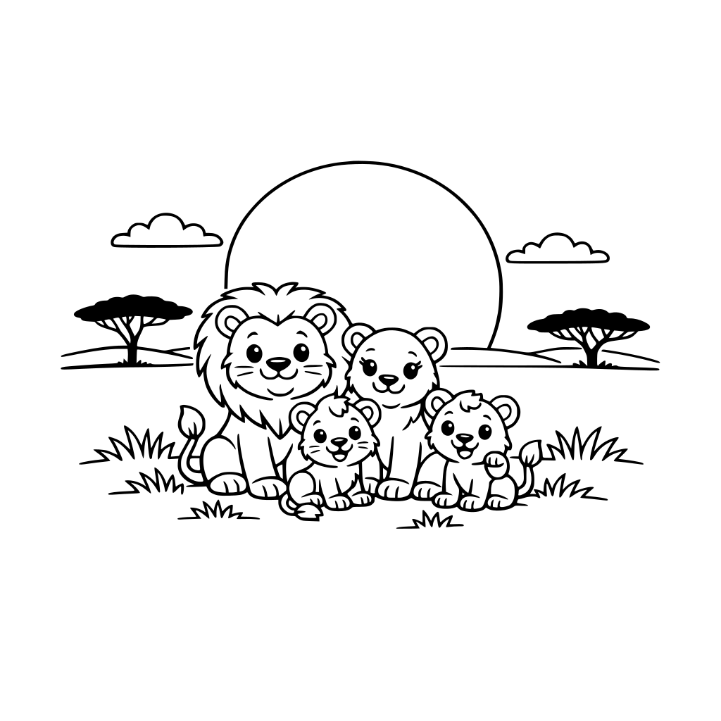 “Create a clean, black-and-white illustration for children. There is one large round African sunset in the sky above a grassy savanna, with a small group of friendly cartoon lions sitting below.