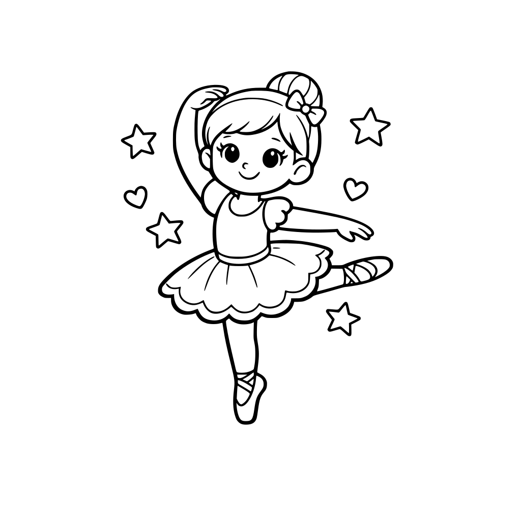 Simple cartoon line drawing of a ballerina, ideal for children's coloring books