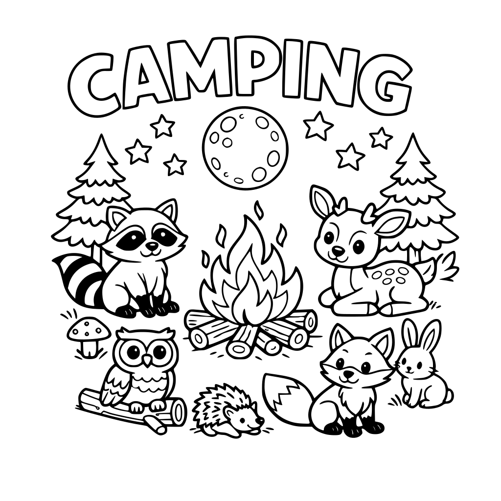 Camping text with a camp fire the moon and woodland creatures around