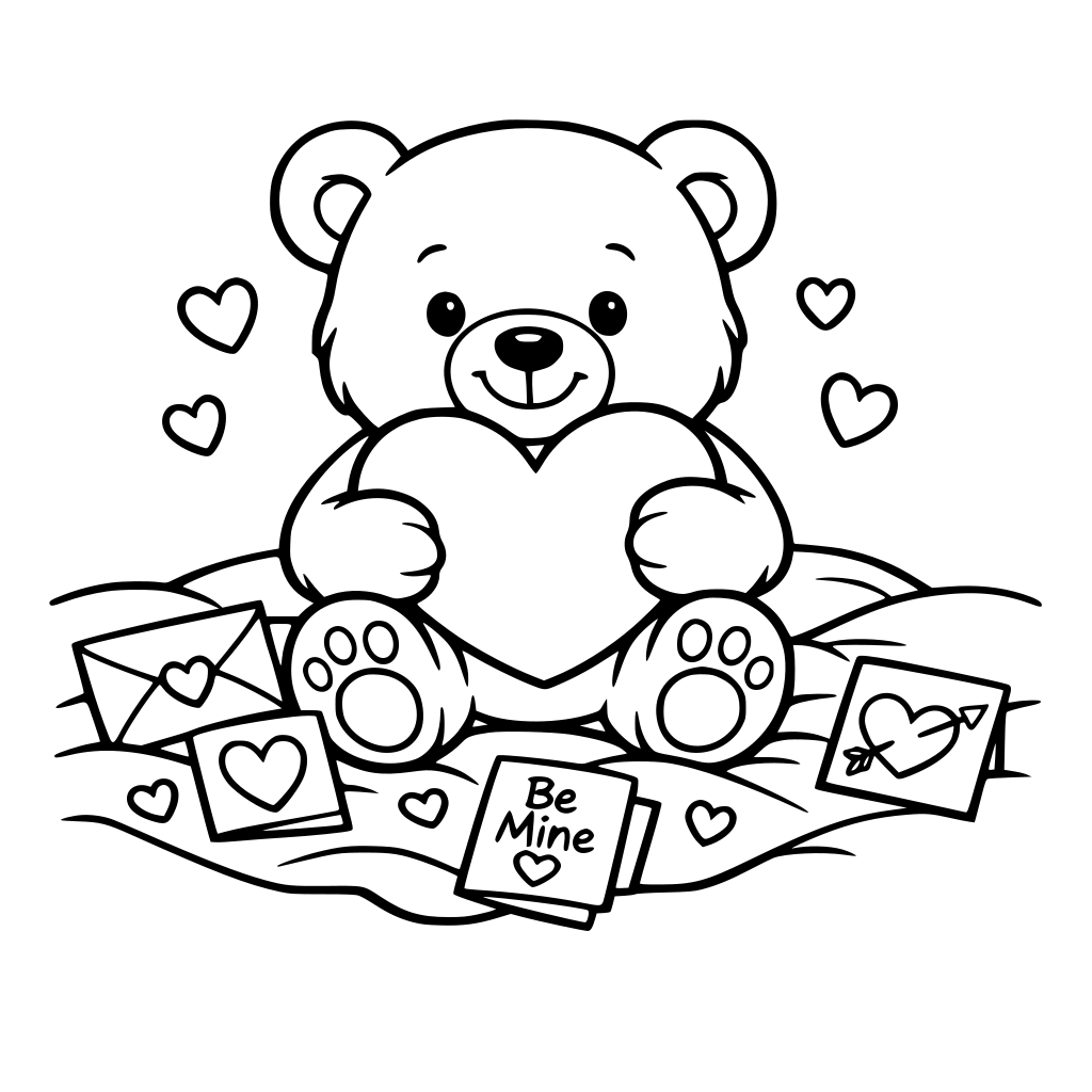 square coloring page, cute and cozy Valentine’s scene, suitable for kids — A smiling teddy bear holding a big heart, sitting on a soft blanket with scattered Valentine cards and tiny hearts.