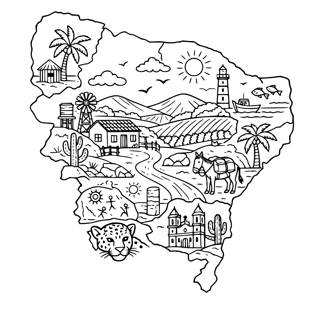 Crie uma réplica recortada da região nordeste do Brasil em preto e branco enfatizando o agreste colorida