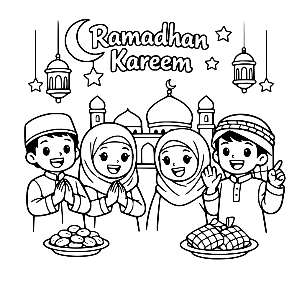 theme ramadhan kareem with 2 boys and 2 girls