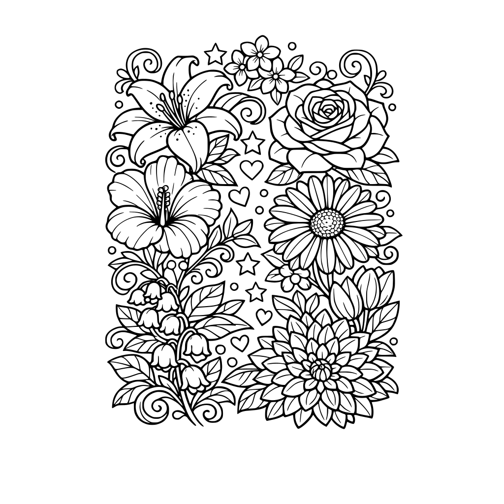 An intricate flower border and beautiful flowers.