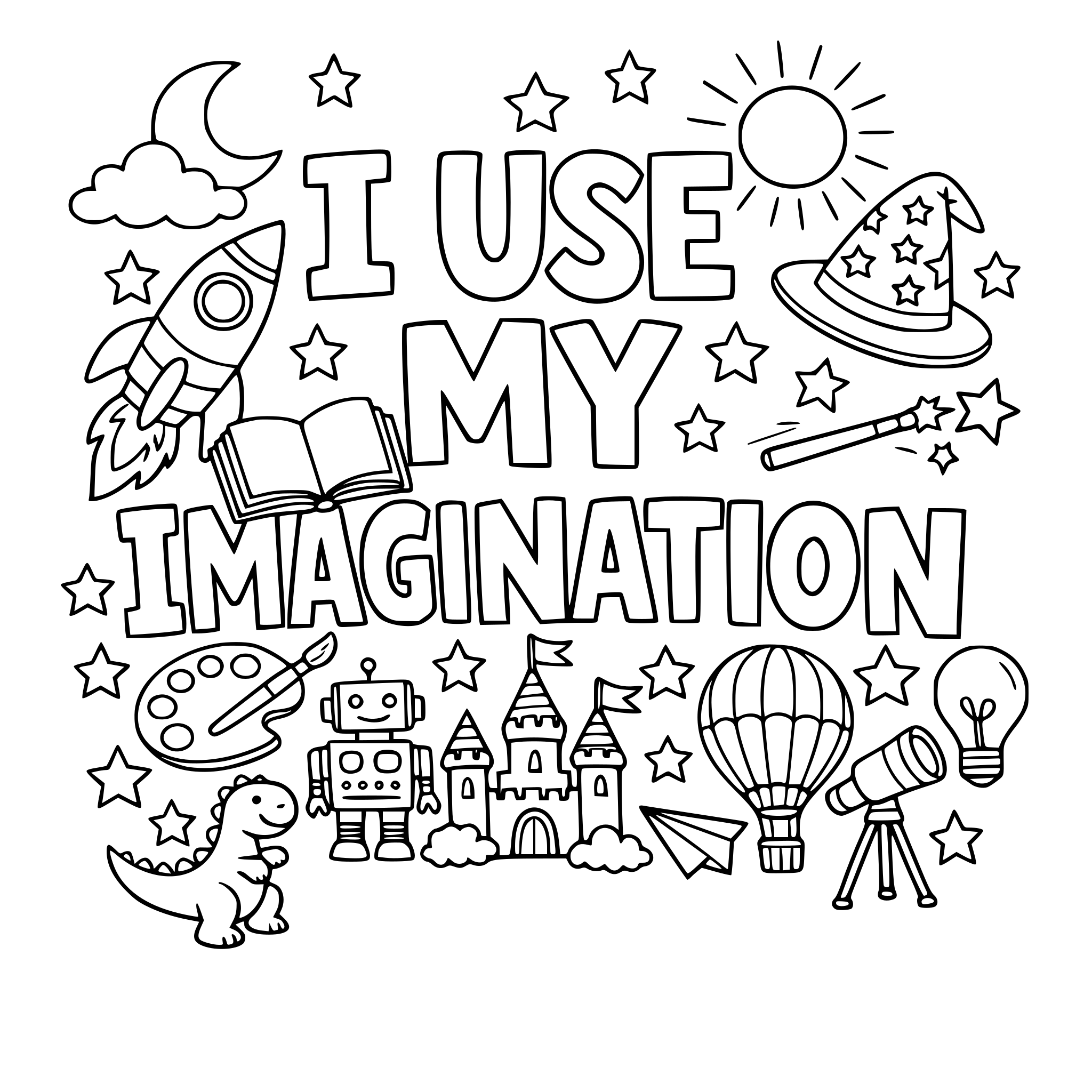 "I use my imagination" coloring letters with items around the letters that work with the lettering.
