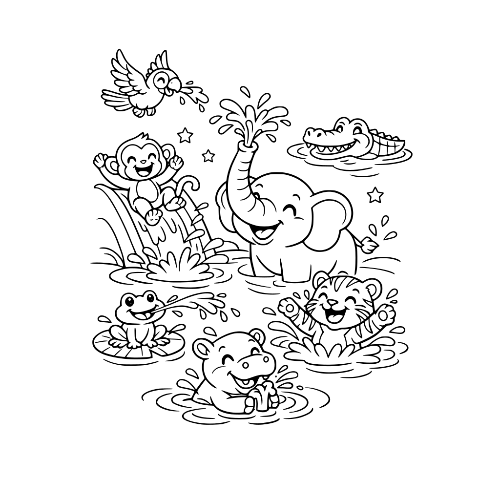 jungle animals playing with water