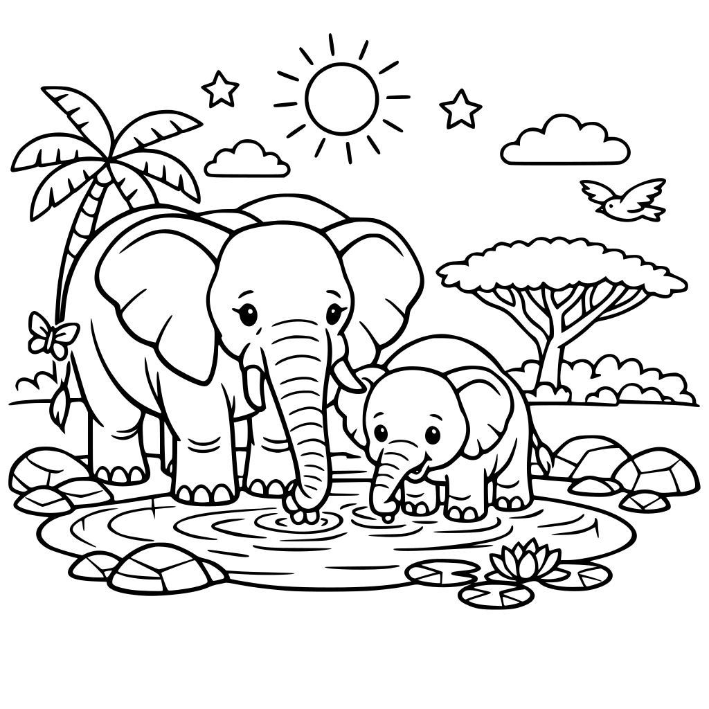 Mother and baby elephant together at a water pond