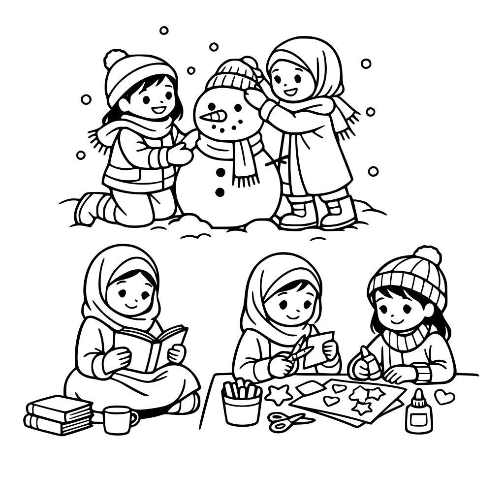 modestly dressed girls enjoying a midwinter vacation playing with snow, reading books ,and doing crafts