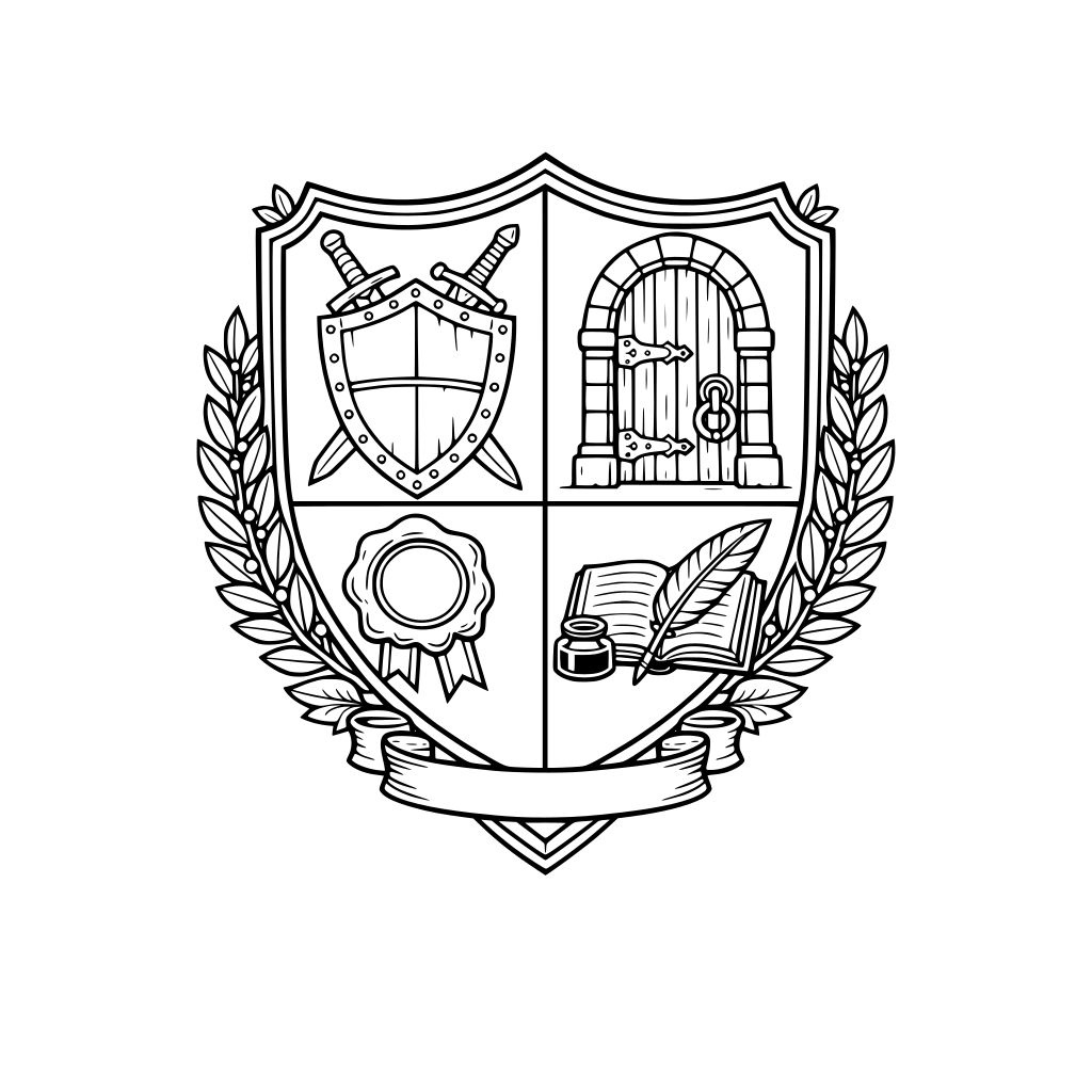 Printable black-and-white coloring page: ornate crest divided into 4 large clear sections. Theme “Steel & Silence.” Motifs: shield, closed door, wax seal, quill+ledger, laurel. Thick outlines. No shading. No text.