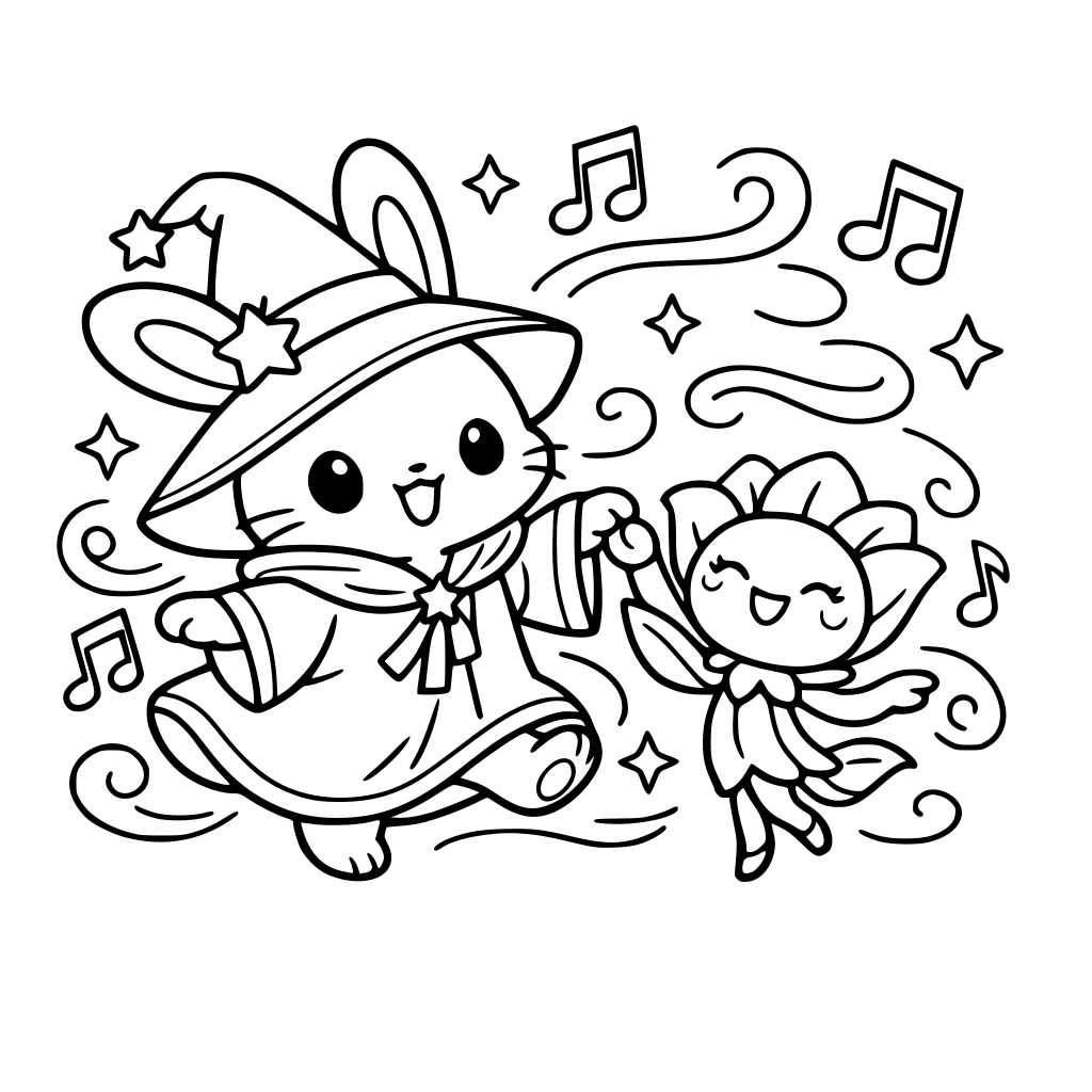 cartoon and kawaii-style bunny in a magic robe surrounded by musical notes — notes floating, whimsical swirls. while dance with the dancing bloom