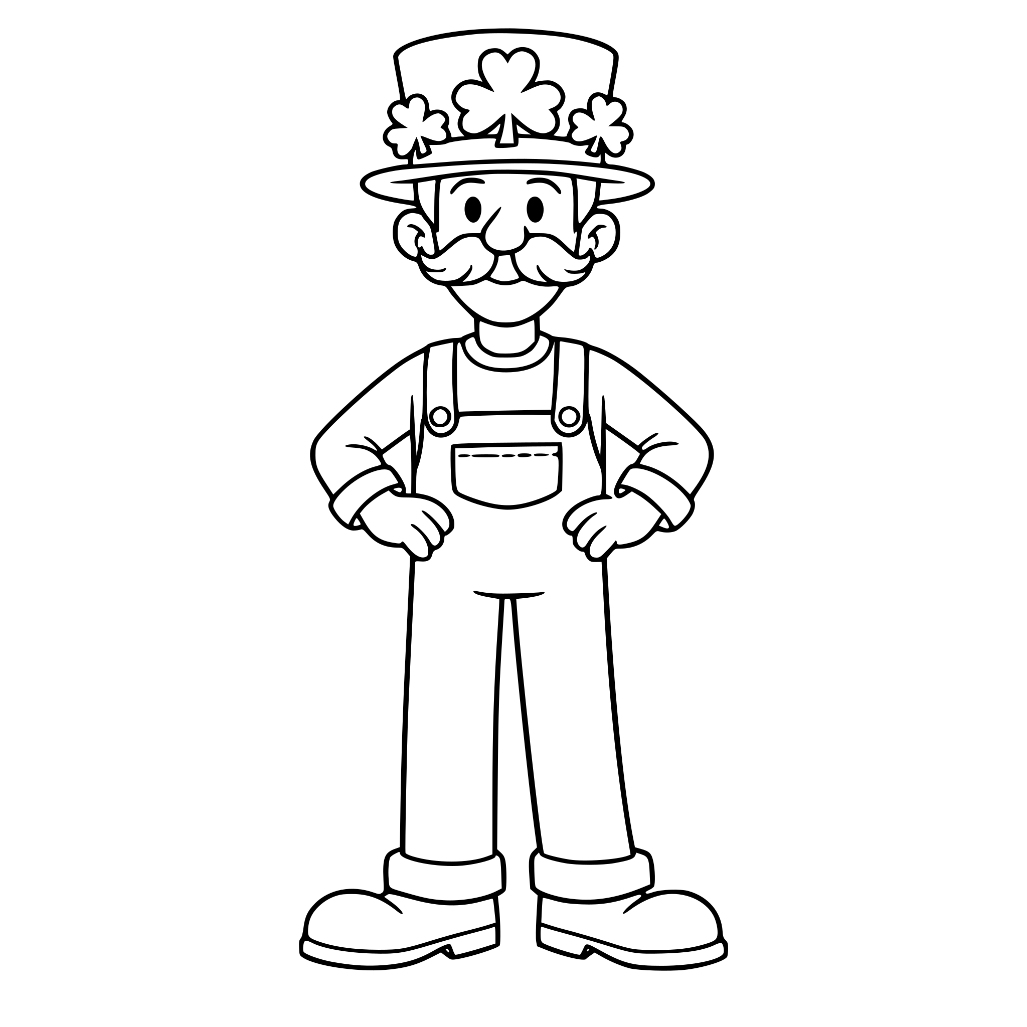 A tall cartoon man with overalls a mustache with two lumps and a top hat with clovers on it