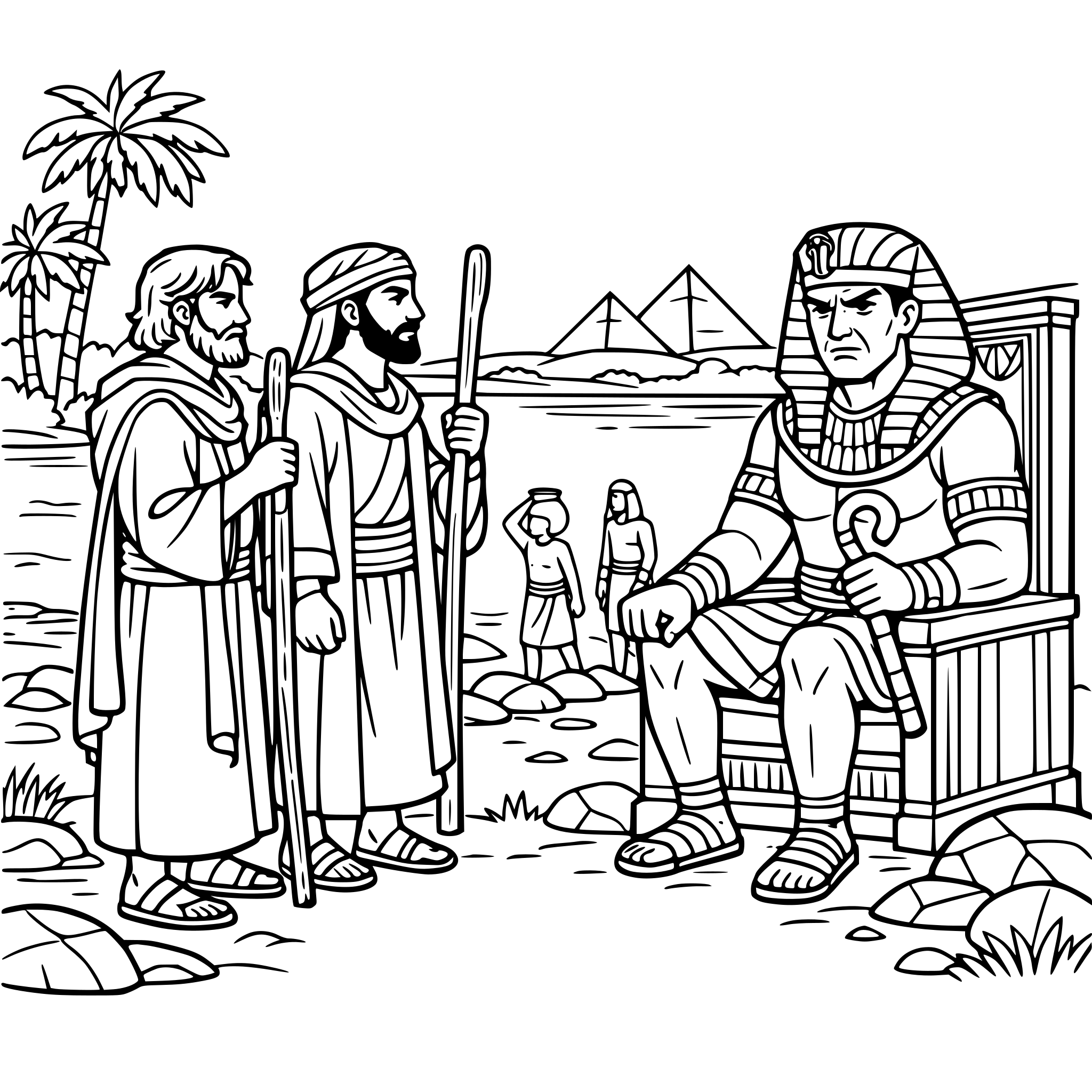 create an image with young adult bible moses and aaron standing in front of pharaoh asking to be set free from egypt. give pharaoh a stern face the setting should be near the nile river, include rocks, trees, grass and a few egyptian people in the background