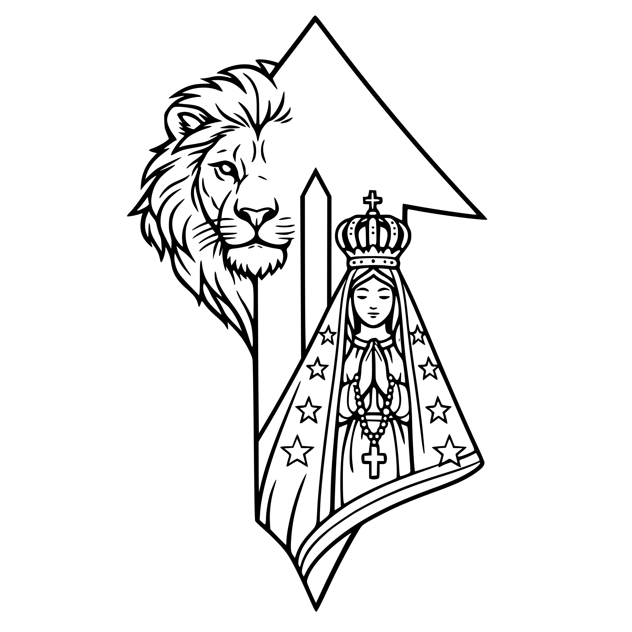 uma imagem com uma flecha apontada para cima, integrado a flecha, no canto superior esquerdo o rosto de um leão realístico, integrado com a flecha no canto inferior direito o desenho de nossa senhora aparecida