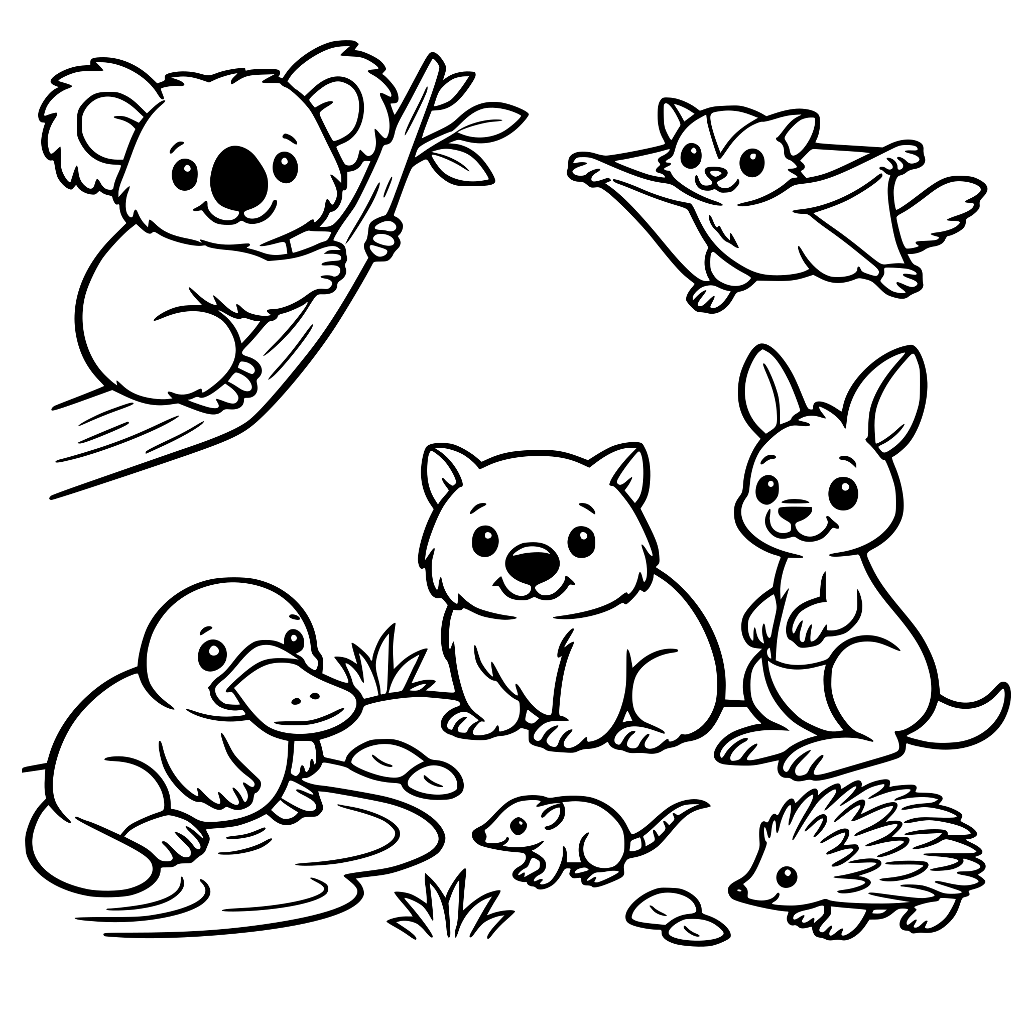 a scene with a platypus, wombat and other australian mammals a bit realistic but still child friendly