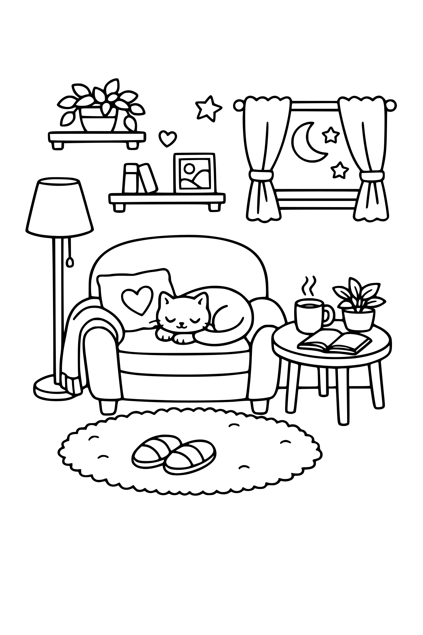 Cosy and cute home scenes, therapeutic style colouring,