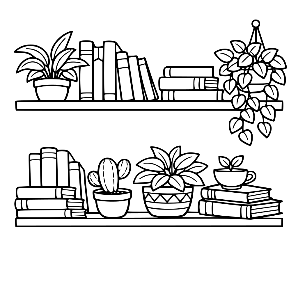 books on a bookshelf with plants