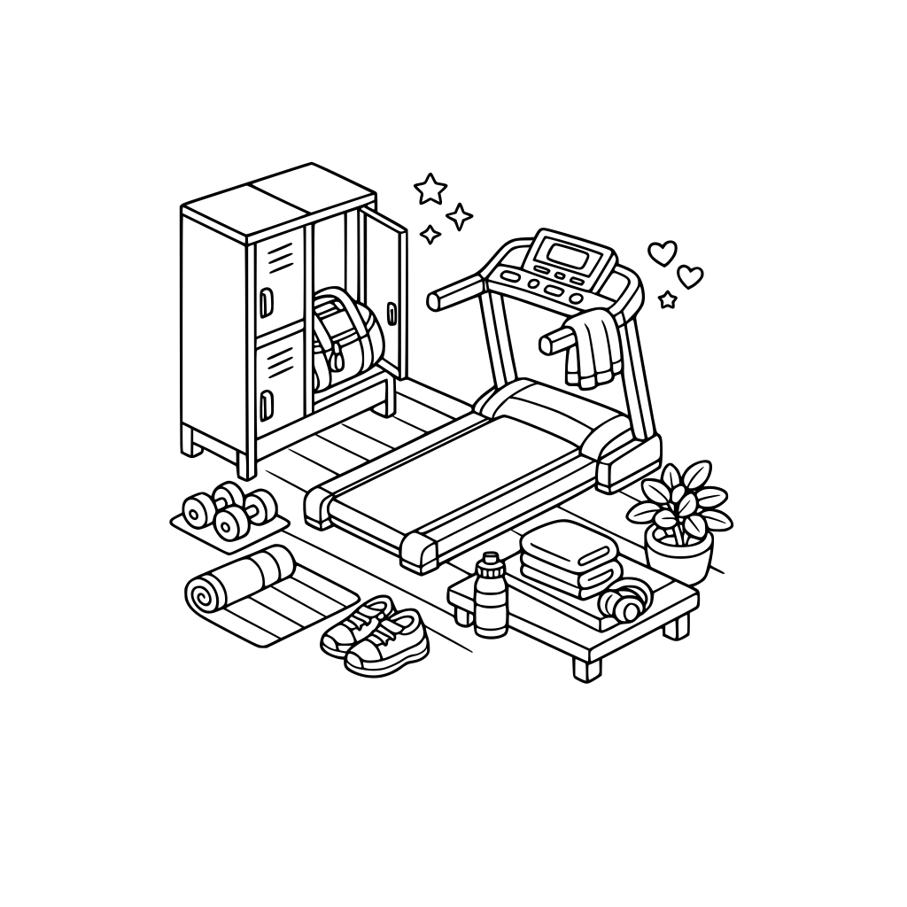 hygge style, cute and cozy, 3D isometric gym corner with treadmill, neatly placed water bottle, towel folded over handle, locker slightly open with gym bag inside.