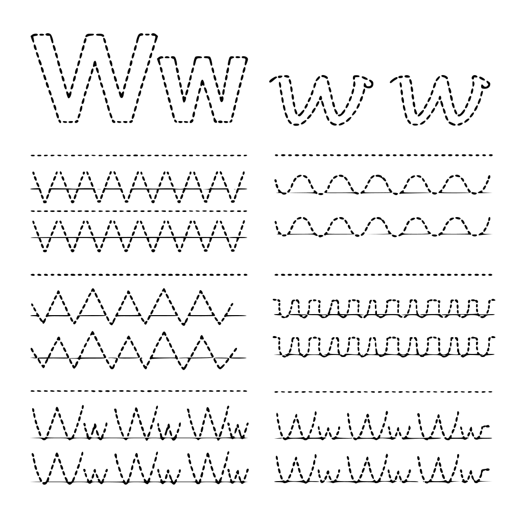 zrób całą listę ćwiczeń do litery W duże i w małe różne ślaczki wykropkowane dzięki którym nauczymy pisać się literkę W i w