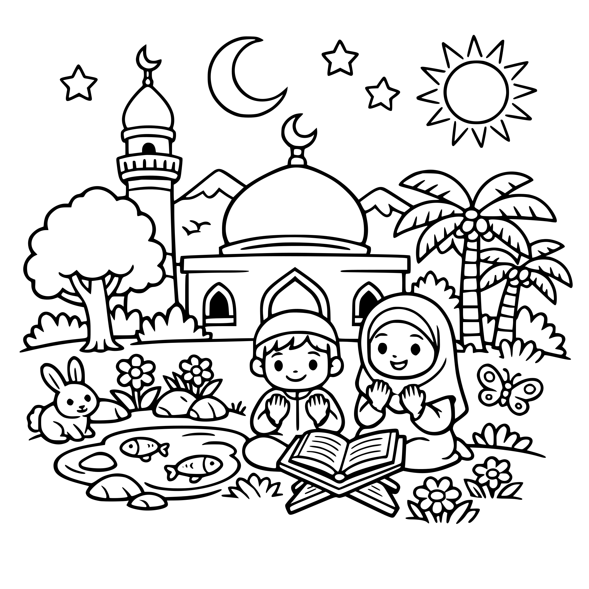 create a colouring book that is islamically inspired for kids to learn about the faith with nature