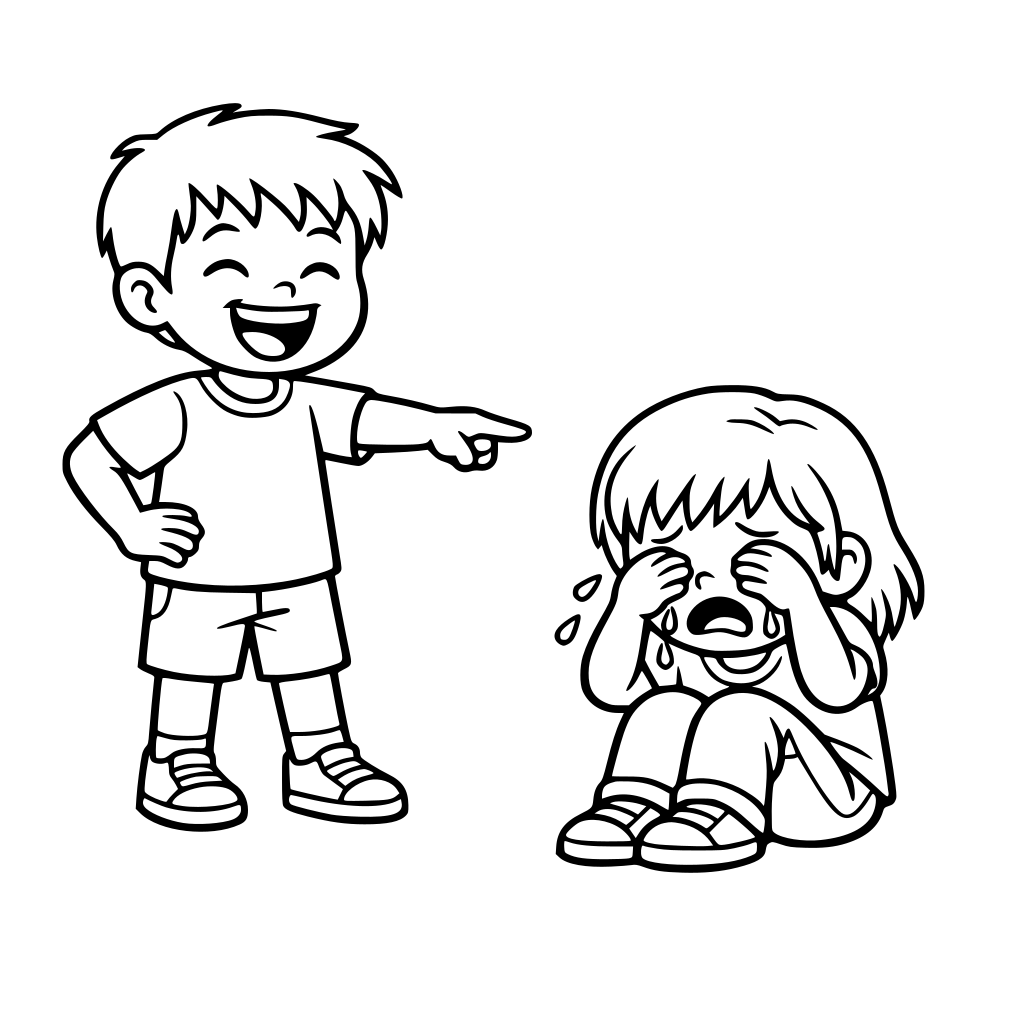 A child laughing at a friend who is crying