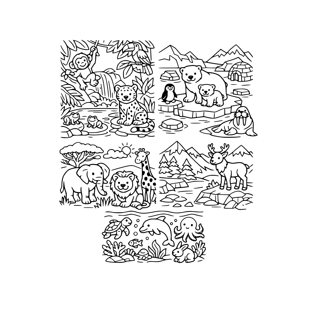 Animals in different enviroments, jungle, artic, savanna, mountain, include other habitat elements