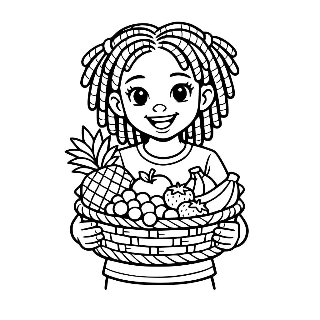 young girl with locs holding basket of fruit