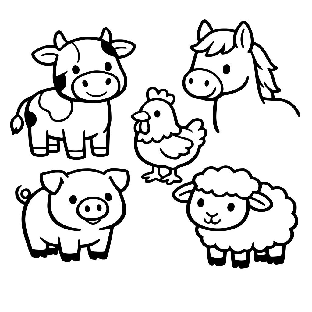 Farm animals, Thick bold outline, No tiny details, No shading, Large white coloring areas, Centered image, No cluttered background