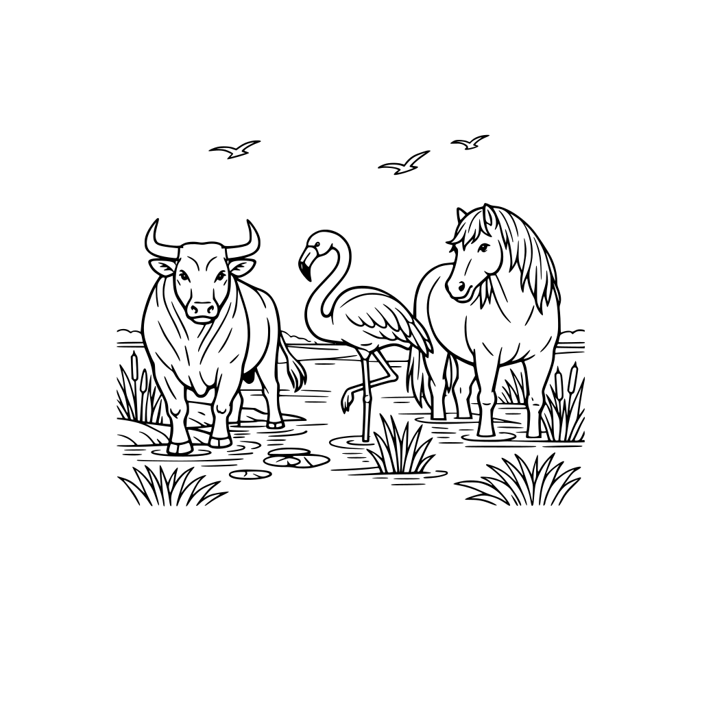 Paysage de camargue avec un taureau un flamant rose et un cheval dans les marais