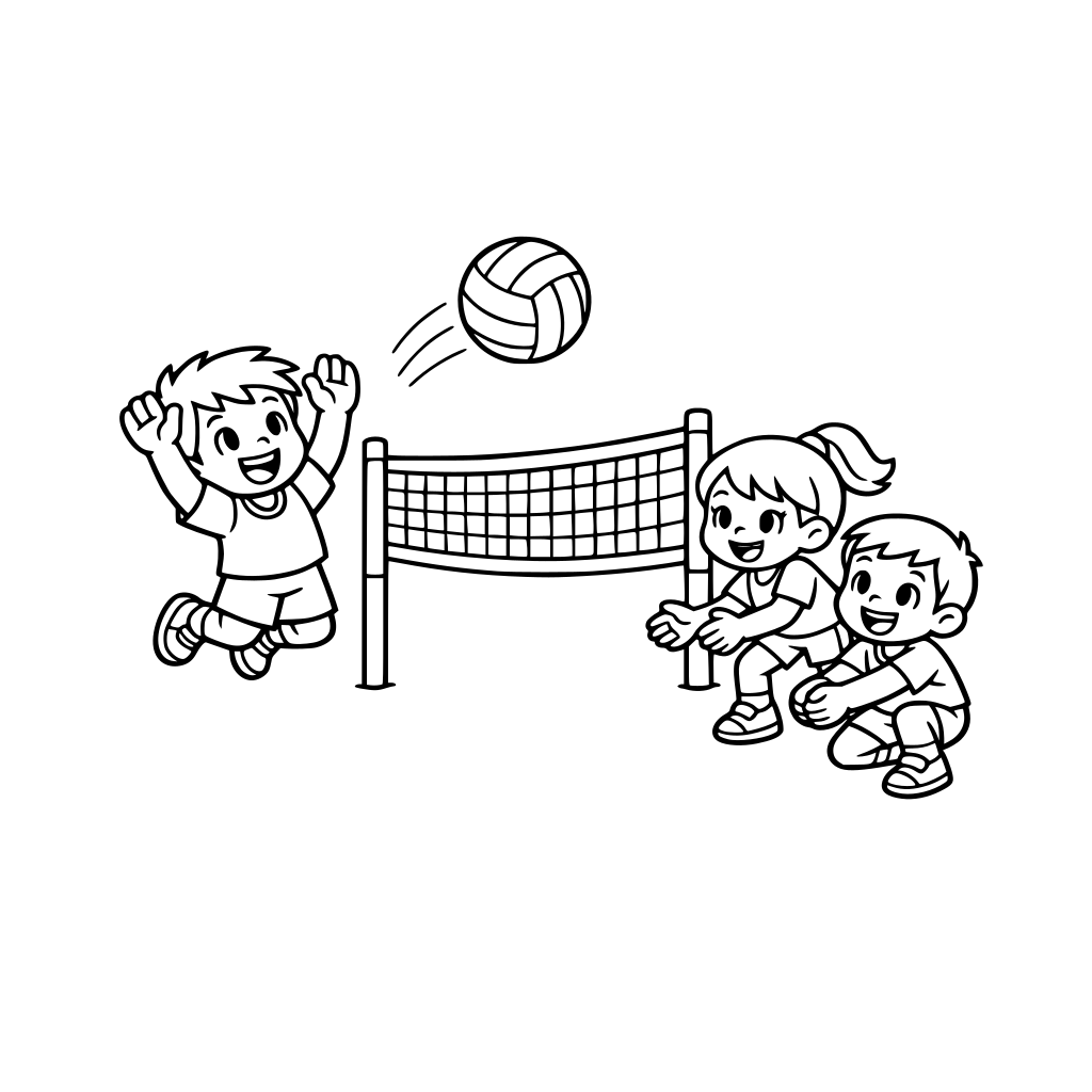 coloring page for small child of kids playing volleyball