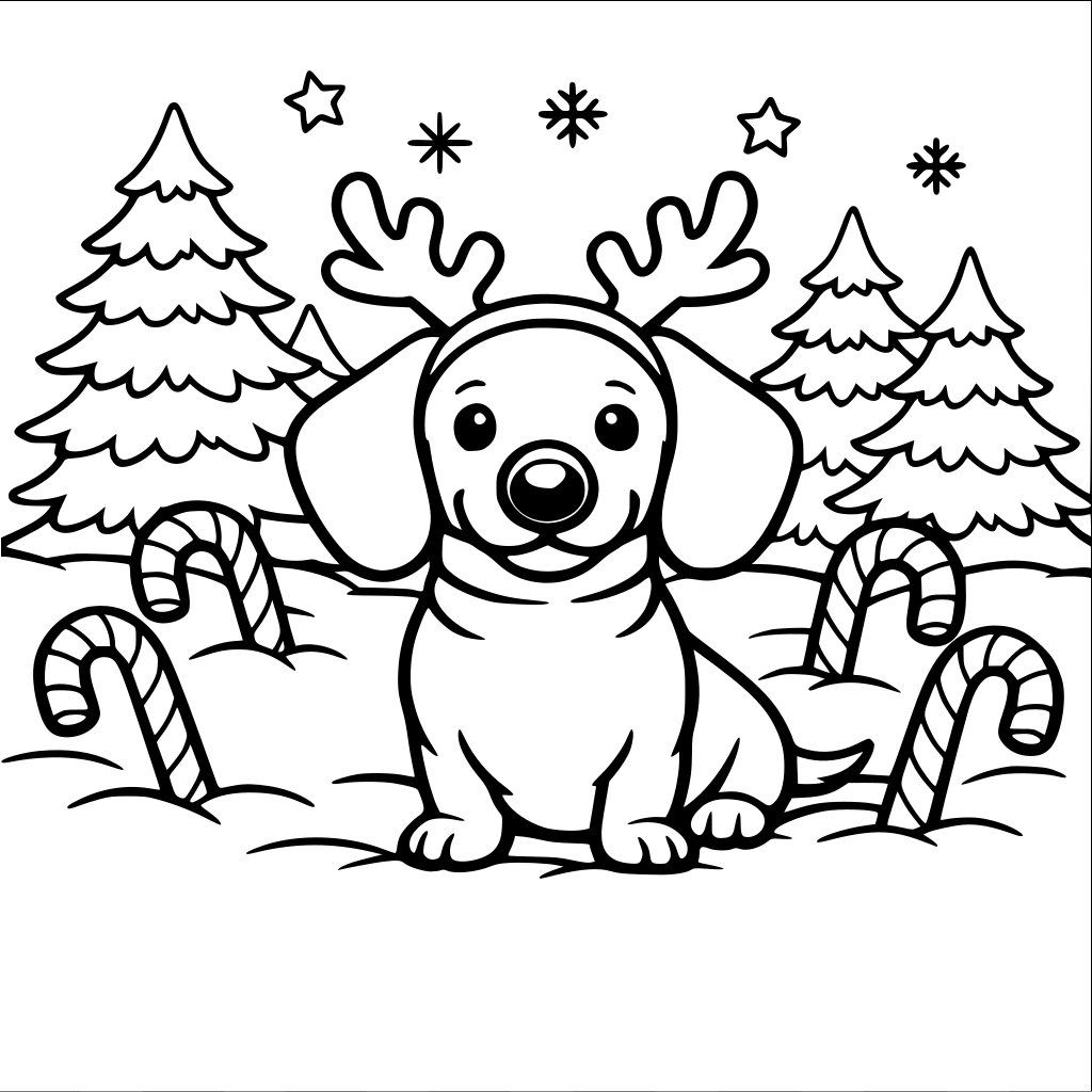Create a square 8.5 × 8.5 inch black-and-white coloring book illustration. Clean line art only. A dachshund wearing reindeer antlers and a red nose. Background with snowy forest and candy canes in the snow.