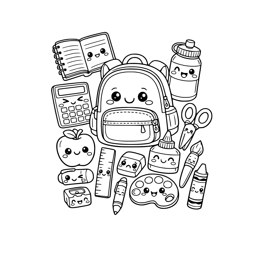 kawaii back to school items including backpack, notebook, pen, eraser, water bottle, and other relevant school items. each item has a cute kawaii facial expression. do not repeat items. do not repeat facial expressions.