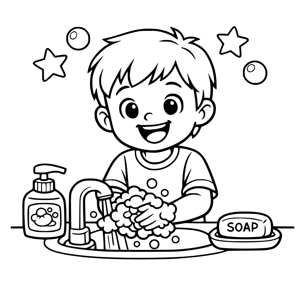 Happy child washing hands with soap