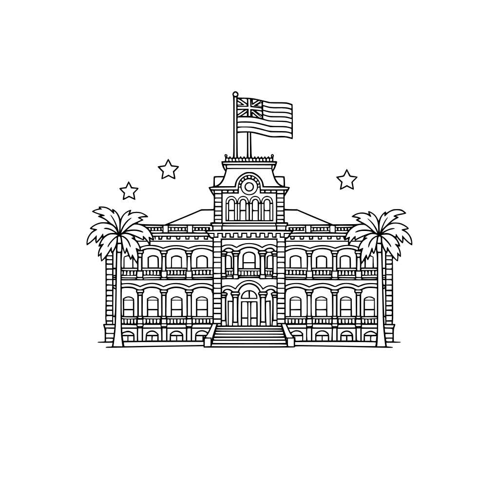 Iolani Palace. Inlcude a Hawaiian flag flying from the flag pole at the top of the building.