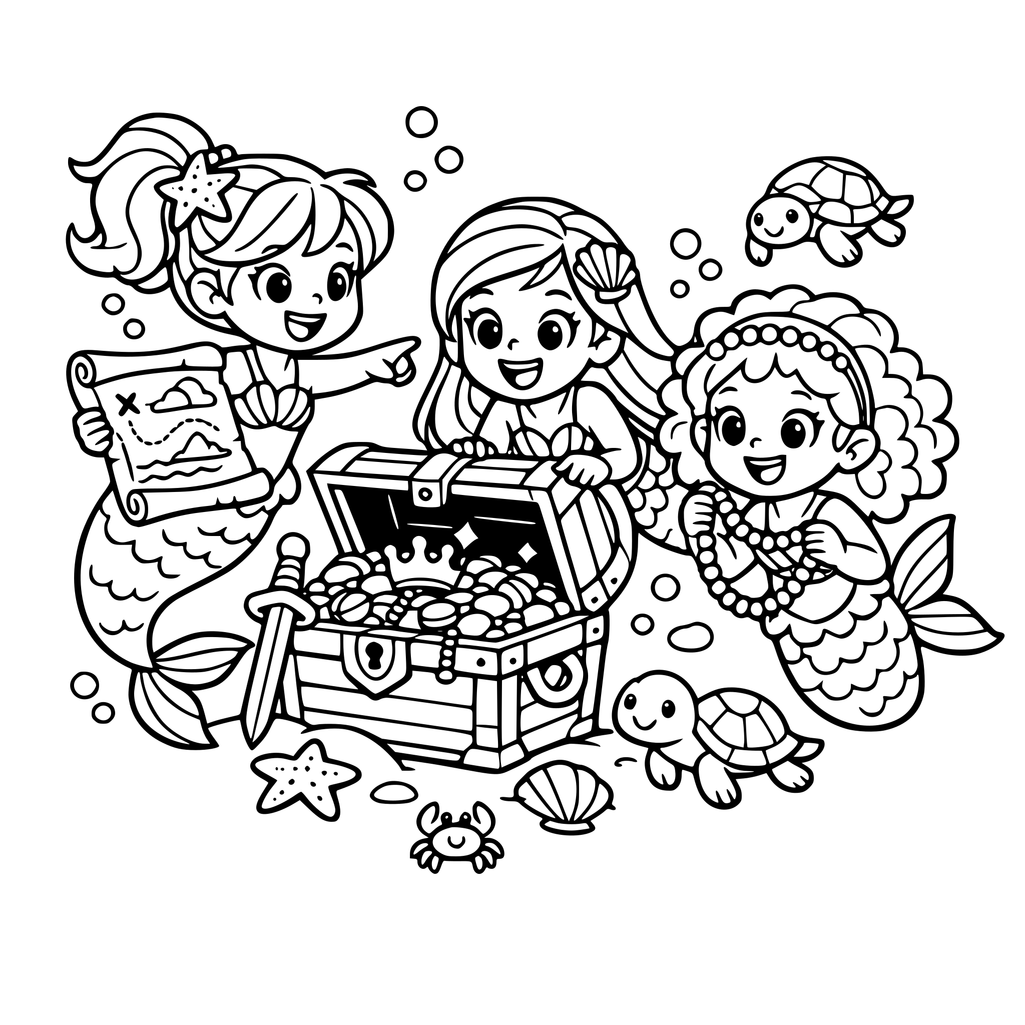 3 young mermaids go on an adventure through the ocean to find treasures