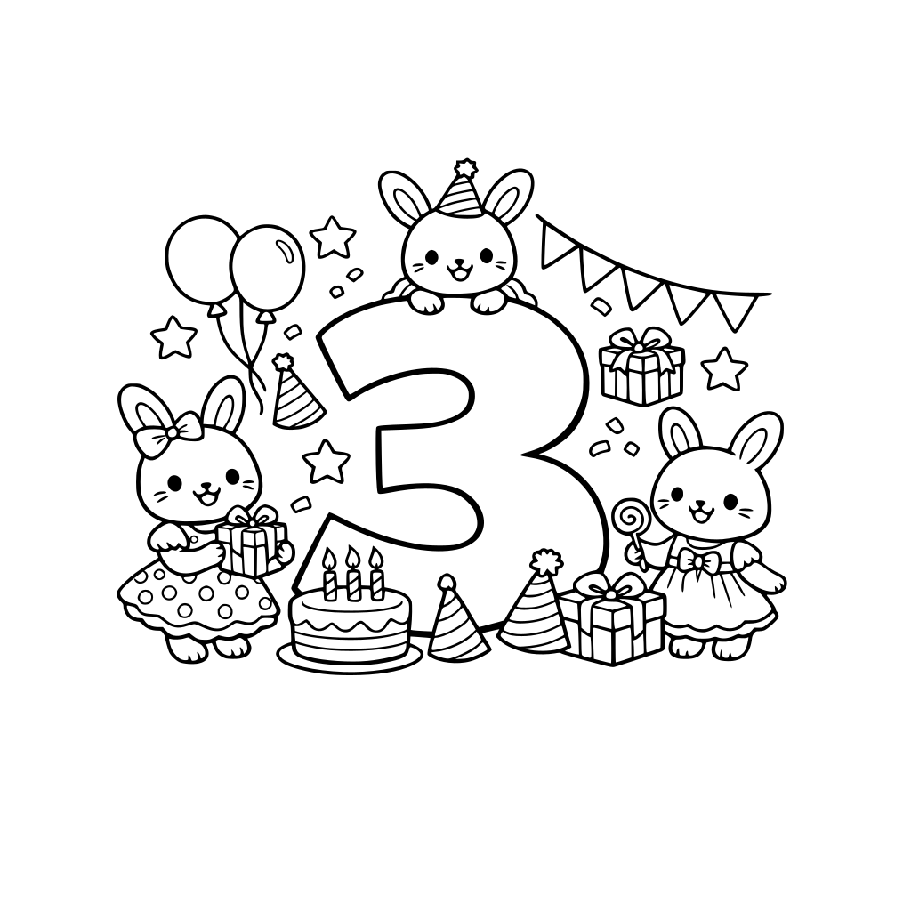 large number 3 with birthday decorations, with cute bunnies in dresses around it