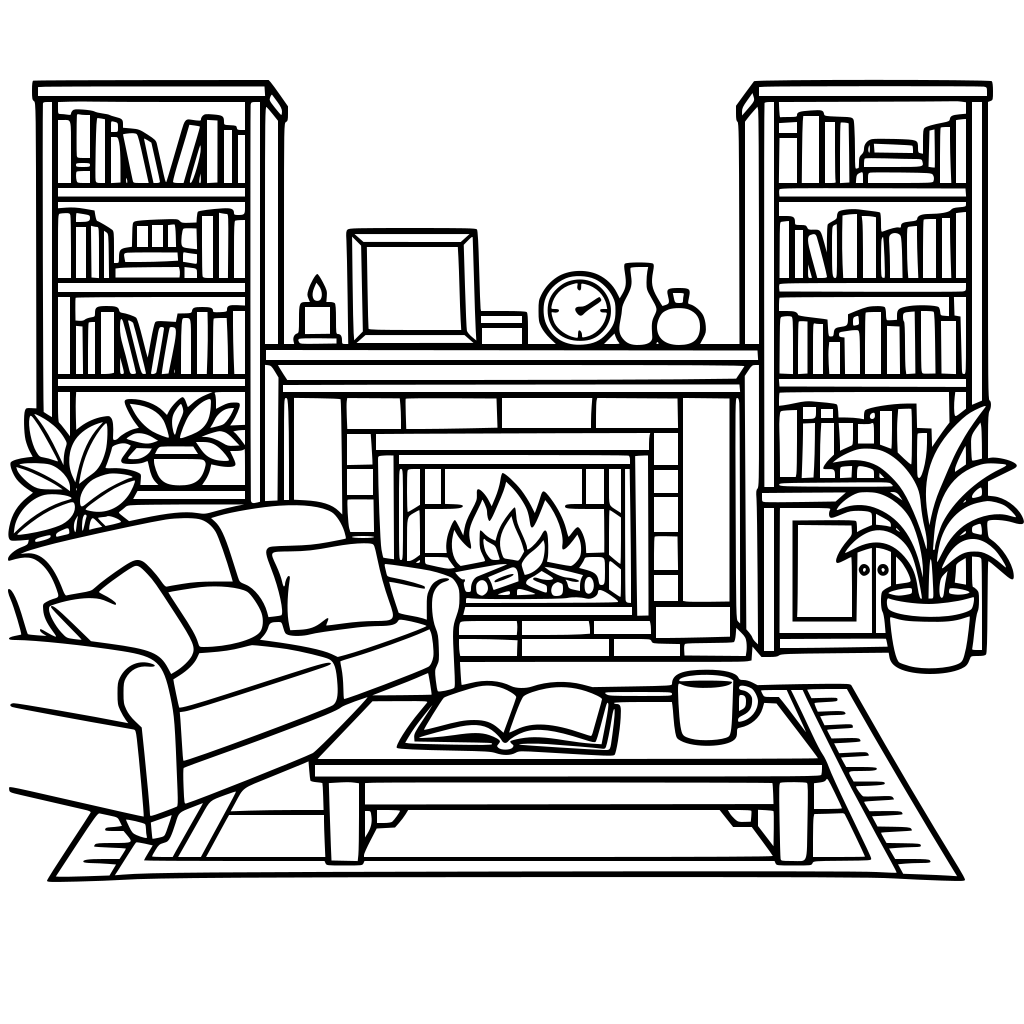 cozy living room with fireplace, bookshelves, sofa, plants, black and white coloring book line art